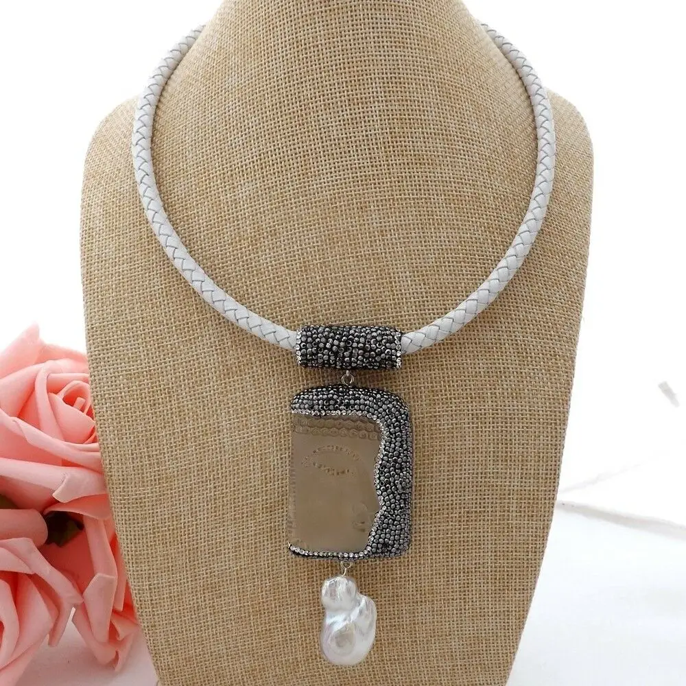 19\'\' White Leather chokers Necklace Keshi Pearl Clear Crystal Buddha Pendant religious style for women