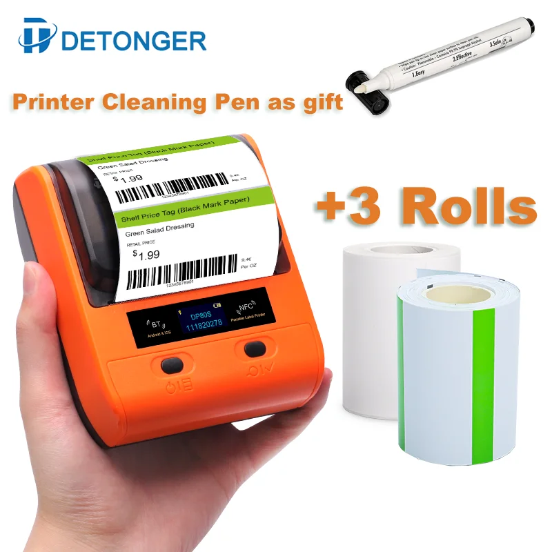 DETONGER DP80S 30-80mm Mini Portable Thermal Printer 3 Rolls Multifunctional Barcode Label Sticker Maker BT Android / iOS