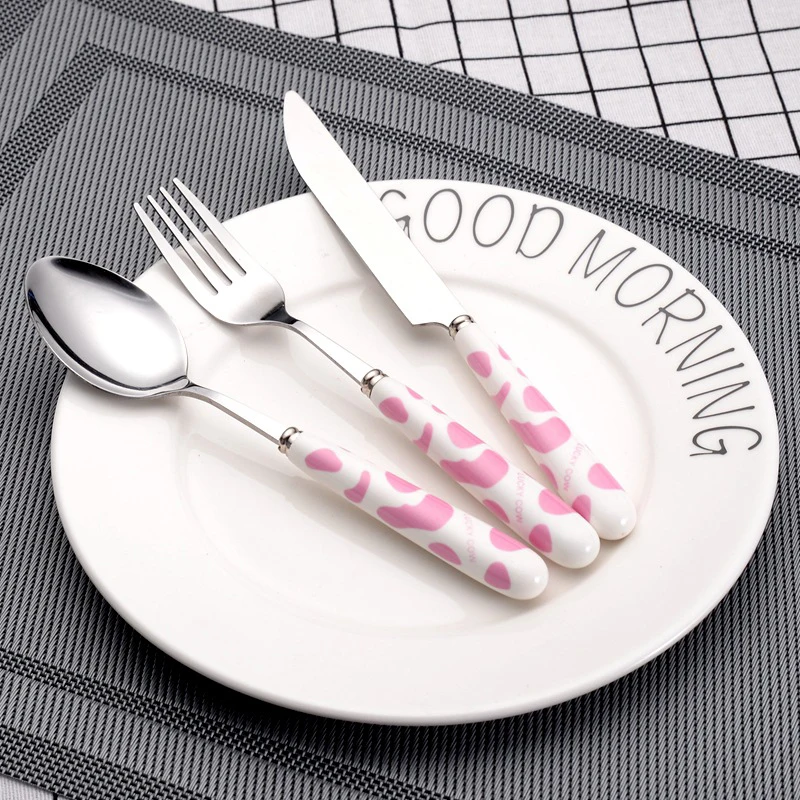 3pcs Creative Kids Baby Child Cutlery Ceramic Handle Tableware Cartoon Kitchen Dinner Knife Fork Spoon Set Pink Dessert Flatware