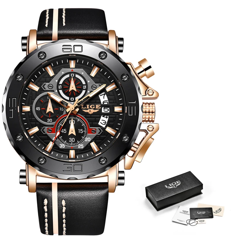 2020LIGE New Fashion Mens Watches Top Brand Luxury Big Dial Military Quartz Watch Leather Waterproof Sport Chronograph Watch Men