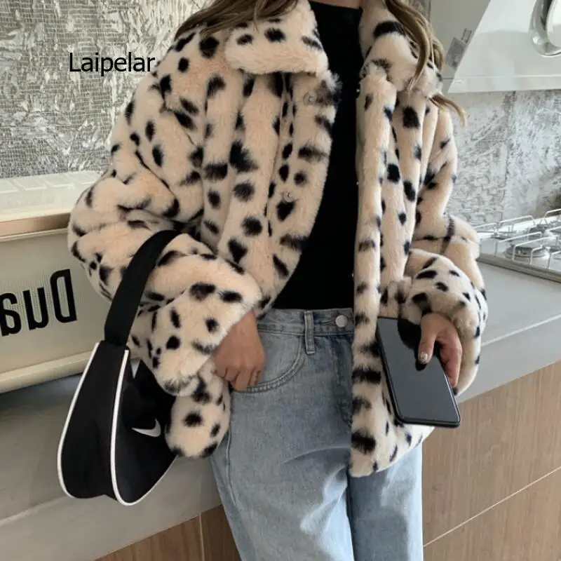 Autumn Winter Leopard Print Casual  Long Sleeve Coat Streetwear Lamb Velvet Women's Faux Fur Warm Leopard Print Fur Short Coat