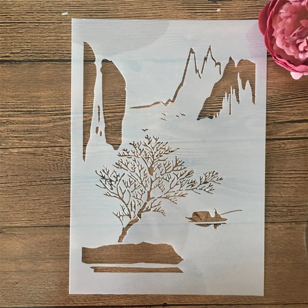 A4 29cm Chinese River Mountain Fisherman DIY Layering Stencils Painting Scrapbook Coloring Embossing Album Decorative Template