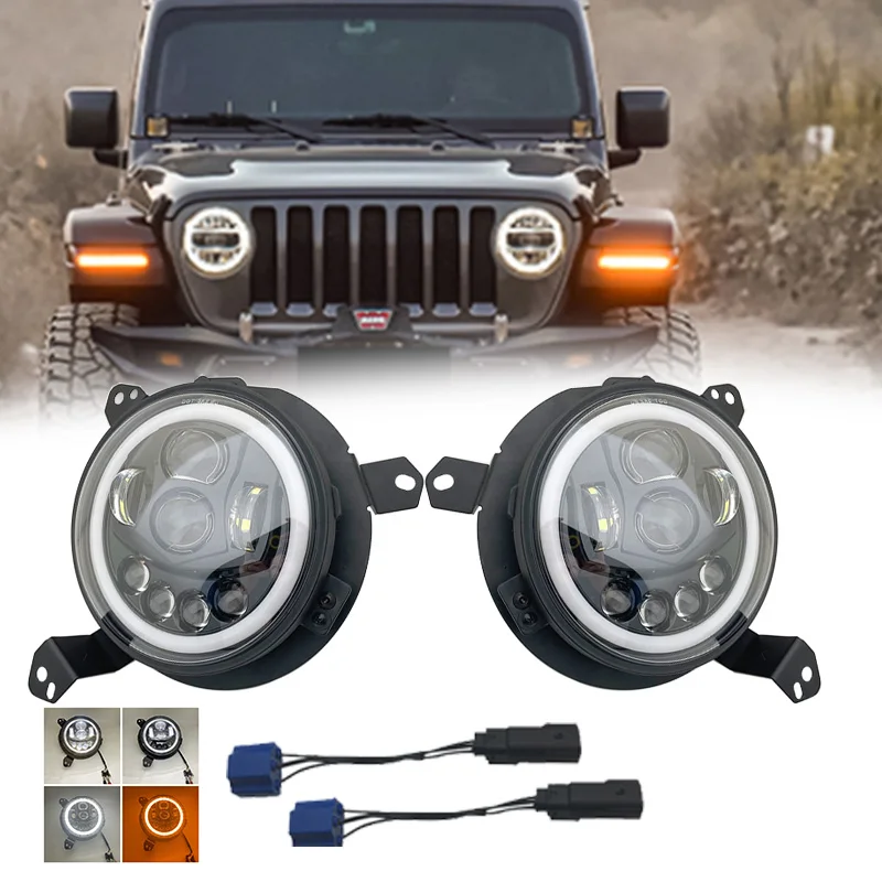 

9” LED Headlights with Halo White DRL Amber Turn Signal 1 Pair 9Inch Headlamp for 2018 2019 2020 2021 Jeep JL