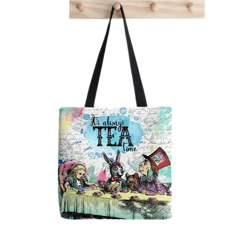 

Shopper Alice in Wonderland Tea Time Painted Tote Bag women Harajuku shopper handbag girl Shoulder shopping bag Lady Canvas Bag