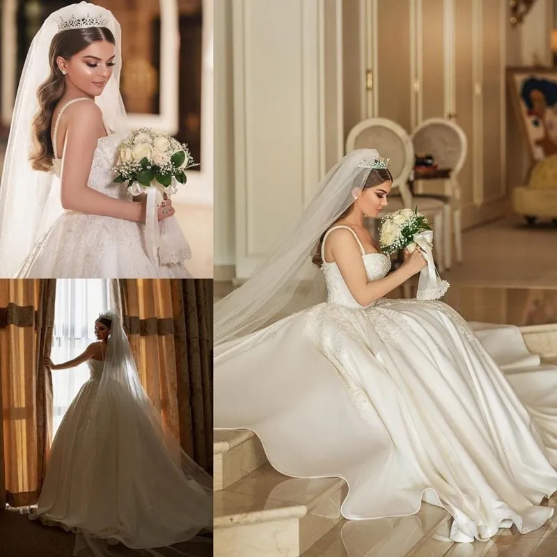 Vestidos de casamento do coração do espaguete com frisado applique ruched uma linha vestidos formais da noiva varredura trem robe de soiree