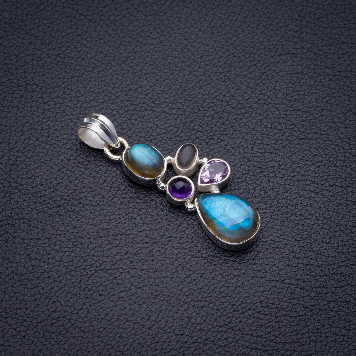 

Natural Blue Fire Labradorite And Amethyst Handmade 925 Sterling Silver Pendant 1.75" D2946