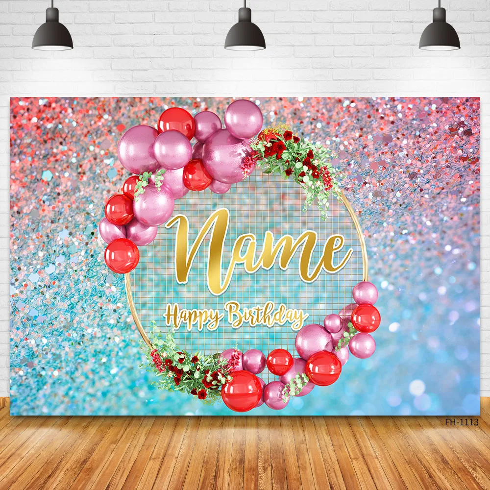 Custom Name Balloons Gold Glitters Birthday Party Banner Backgrounds Boy Girl Baby Shower Photography Backdrop Photo Studio Prop