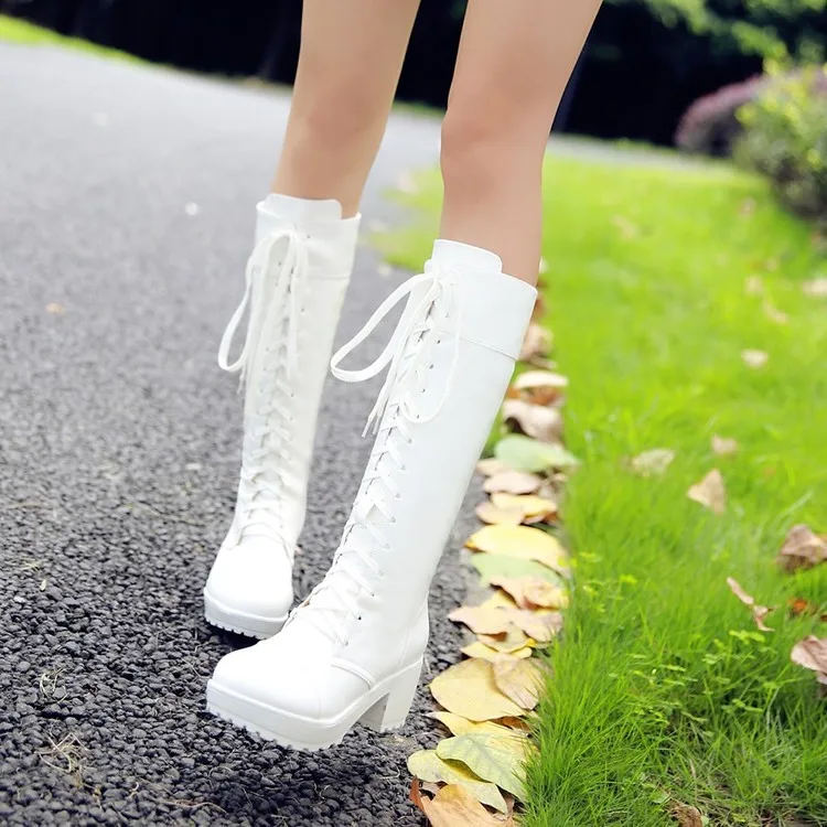 Winter Fashion Women Cross Strap Genuine Leather Boots Autumn Winter Knee High Boots Ladies Thick Sole Platform Botas Large size