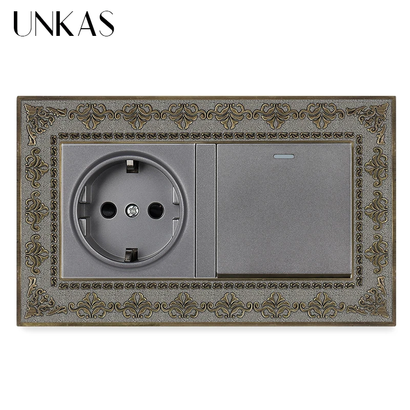 UNKAS 4D Zinc Alloy Metal Panel Russia Spain EU Socket + 1 2 3 4 Gang 1 / 2 Way On / Off Light Switch Embossing Retro Frame