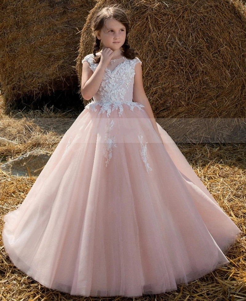 Flower Girl Dress Pink Tulle Floral Lace Children Wedding Party Gown Girls Pageant Dress First Communion Dress Kid Cloth