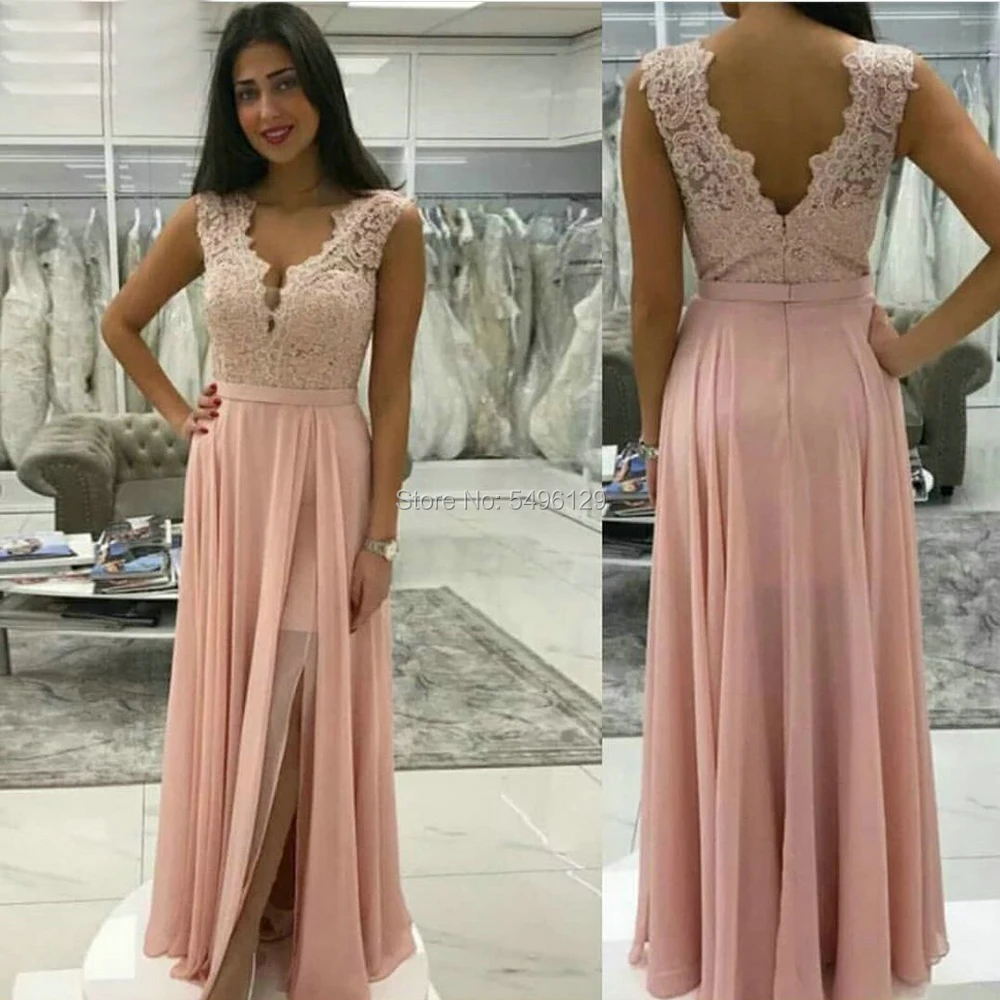 Elegant Pink Chiffon Long Evening Dresses 2024 Sexy Appliques Lace Top Prom Dress Side Slit A Line Party Formal Gowns Backless