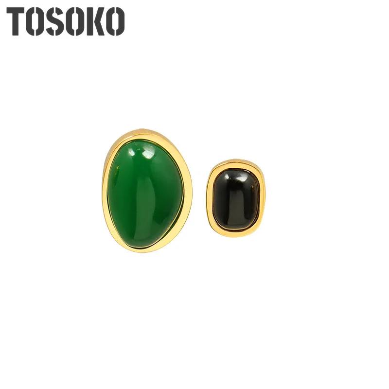 

TOSOKO Stainless Steel Jewelry Green Stone Black Stone Irregular Stud Fashion Asymmetric Earrings BSF445