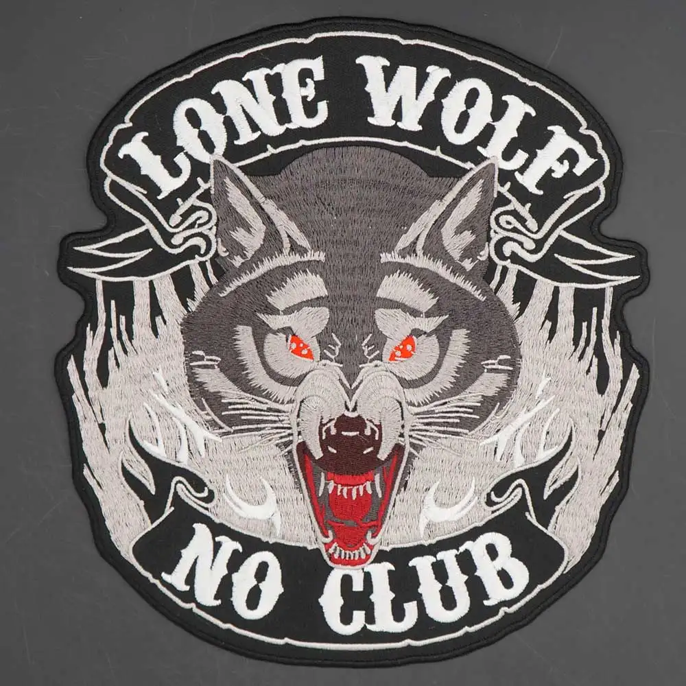 Lone Wolf No Club Patch da motociclista Punk con ricamo di grandi dimensioni per borse per cappelli di abbigliamento ferro sul retro