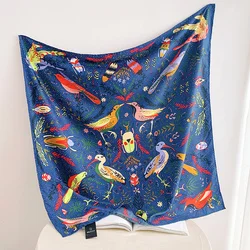 90Cm Manuele Handgewalste Twill Zijden Sjaal Vrouwen Beestjes En Vogelprint Vierkante Sjaals Wikkel Echarpe Foulards Femme Bandana Lady Hijab