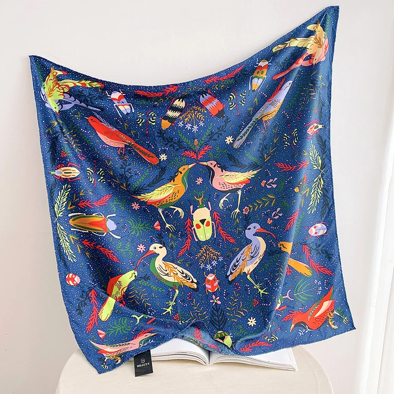 90cm Manual Hand Rolled Twill Silk Scarf Women Bugs And Bird Print Square Scarves Wrap Echarpe Foulards Femme Bandana Lady Hijab