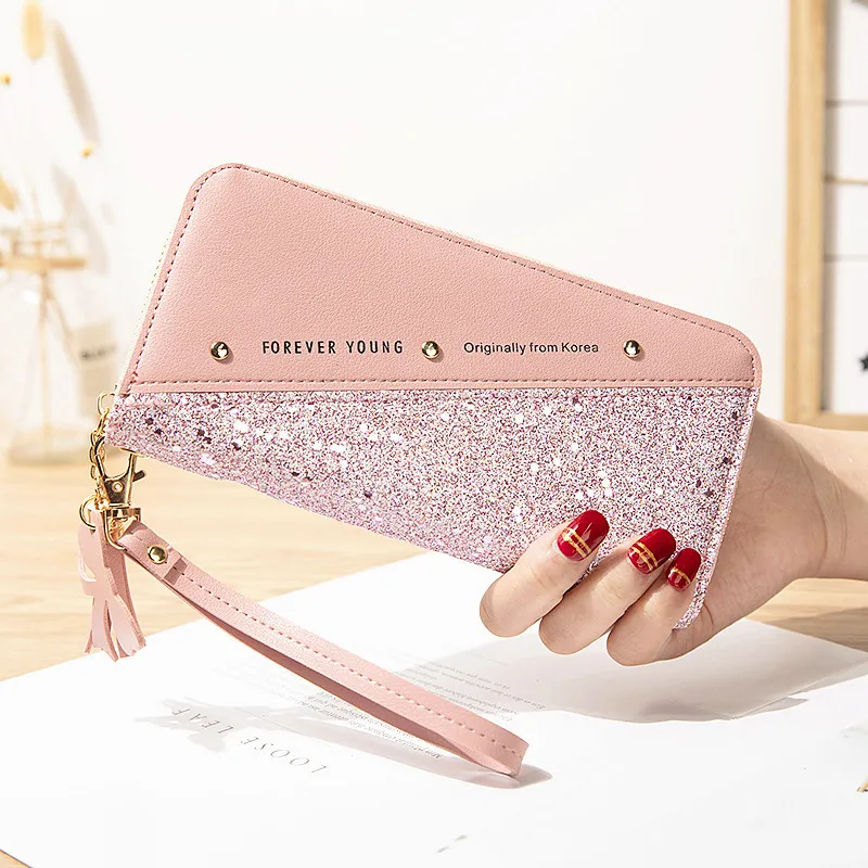 Women's Long Sequin PU Leather Wallet Female Zipper Coin Purse Bowknot Tassel Wristband Clutch Card Holder Money Bag Clip