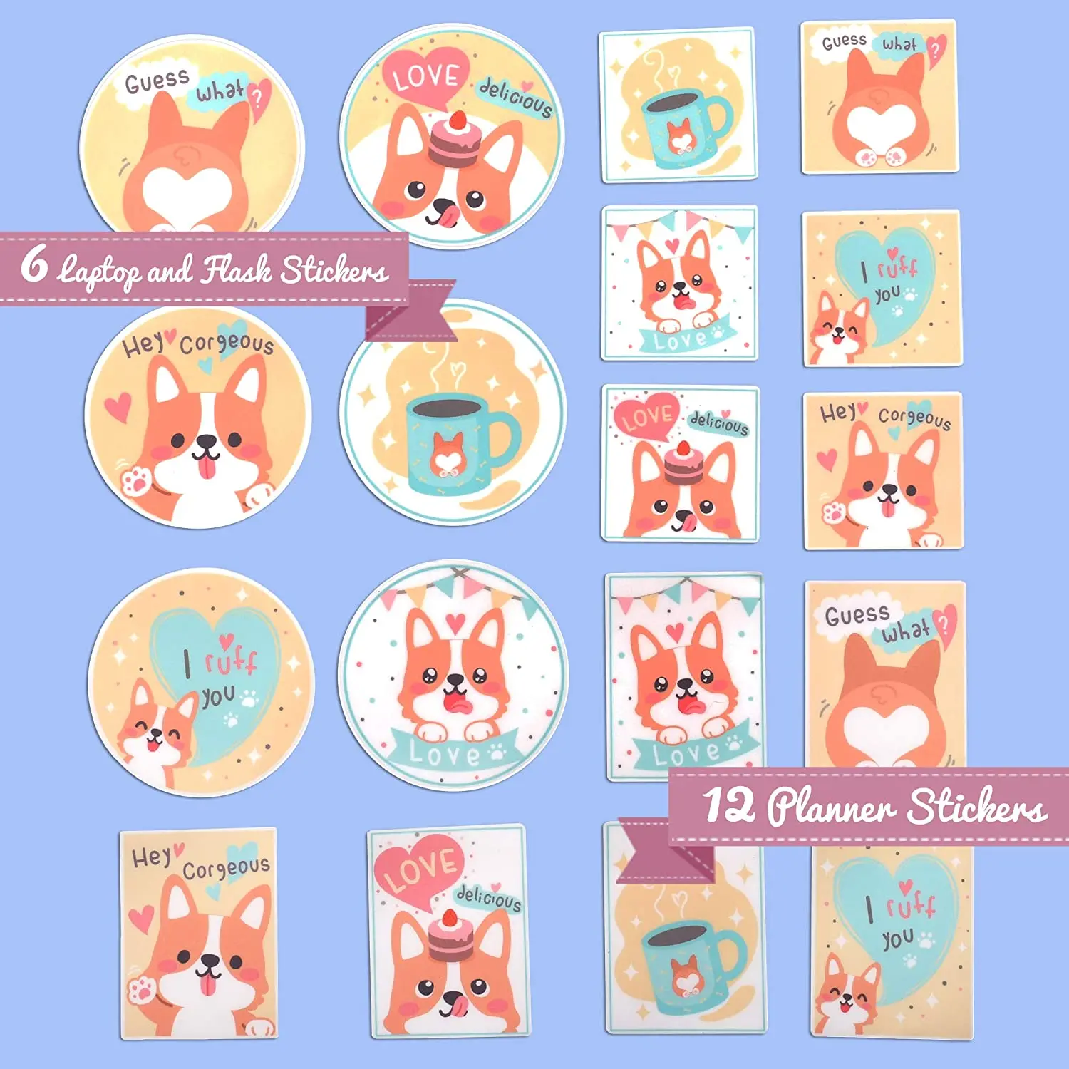 18 Pcs Loyal Corgi Sticker Set - Square, Vertical and Round Decals for Laptops, Water Bottles, Planners