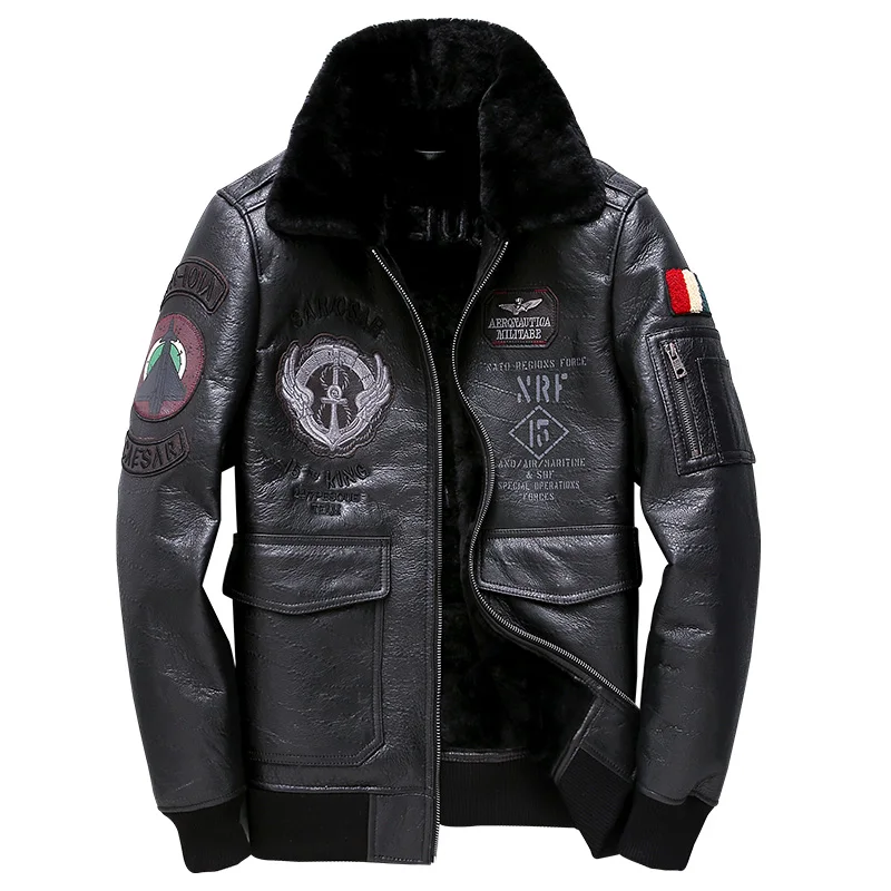 

Winter Genuine Leather and Fur In One Mens B3 Air Force Flight Suit Embroidered Badge Natural Wool Sheepskin Leather Jacket Men