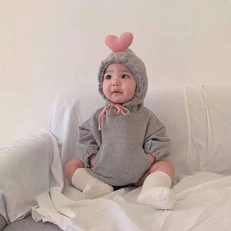 Baby Boy Girl Cute heart Costume Solid pink gray bodysuit warm autumn winter cotton Clothes 0 1 2 Years Birthday Gift