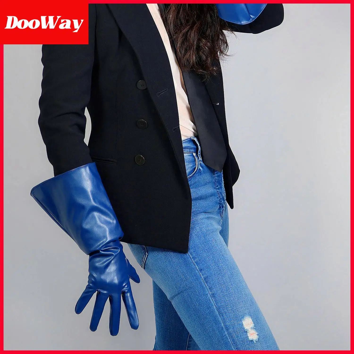 DooWay Women Navy Blue Long Leather Gloves Gauntlet Faux Leather Puff Wide Sleeve for Evening Costume Party Christmas Wedding