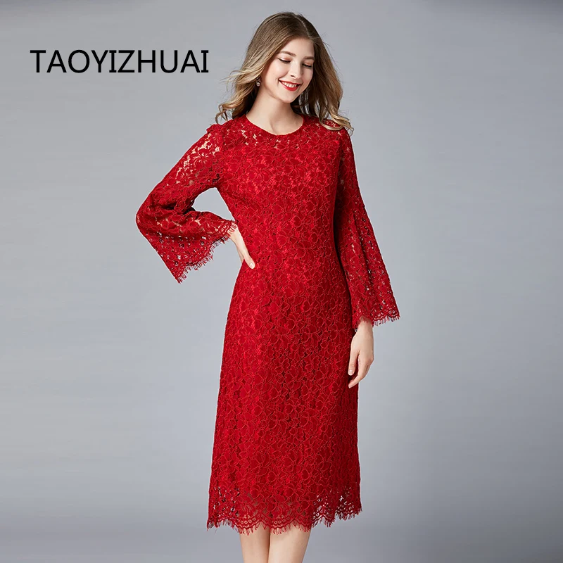 

TAOYIZHUAI casual style plus size lace women dress o neck flare sleeve knee length party fashion loose female vestidos