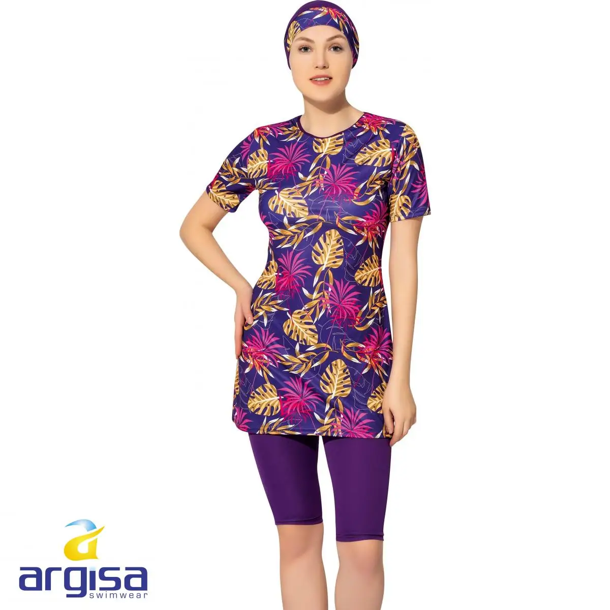 Argisa 7830 Mezza Manica Foglia Patterned Semi Burkini Abbigliamento Spiaggia Per Musulmani 38-52 più il Formato Hijab Islamico Costume Da Bagno di