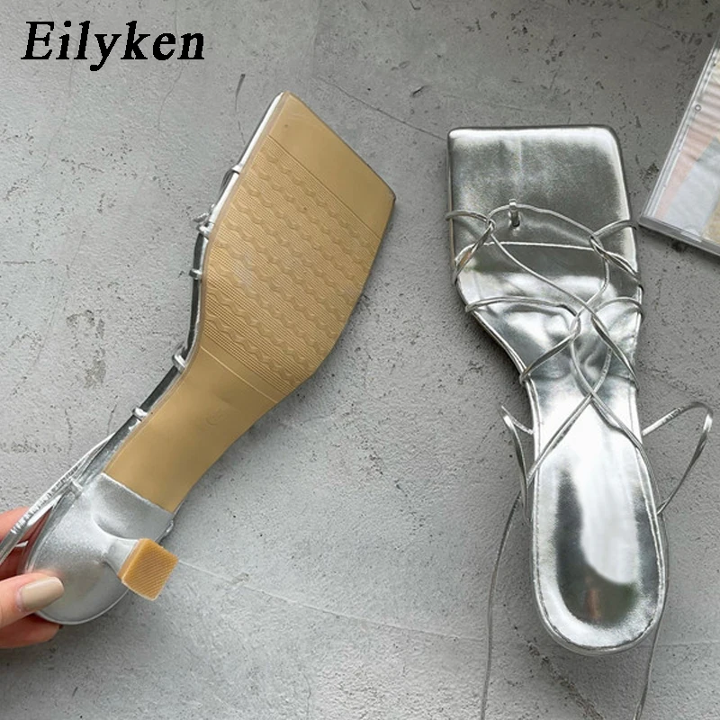 Eilyken Fashion Gold Silver Narrow Band  Women Sandals 2025 New Summer Square Toe Ankle Strap Cross-tied Thin Low Heels Shoes