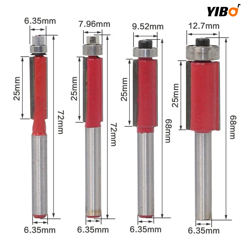 6.35/7.96/9.52/12.7mm Flush Trim Bit Set Router Bit 4PCS Bearing Cutting Edge 6mm(1/4") Shank