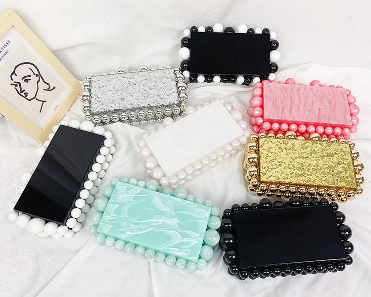 Beads Acrylic Box Shape Party Clutch Evening Bag for Women Elegant Designer Luxury Purses and Handbags Wedding Shoulder Bag