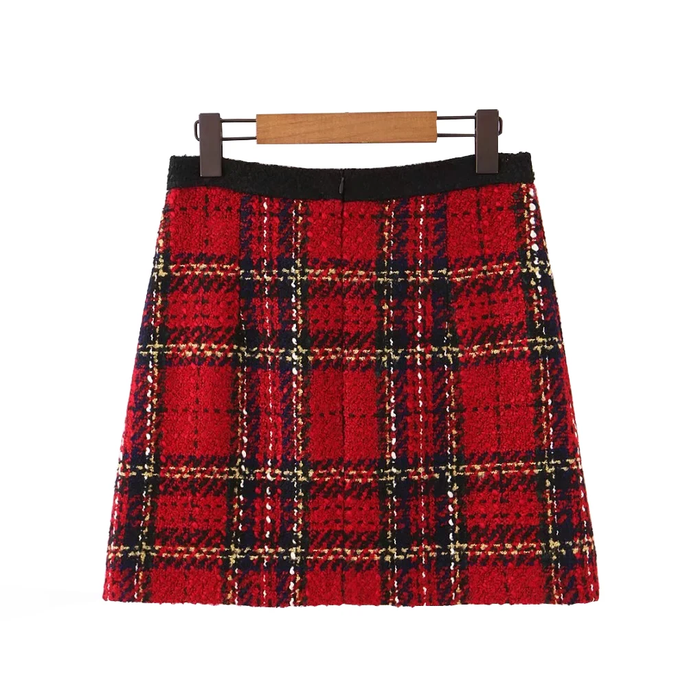 Red Vintage Women Tweed  2020 Winter Fashion Ladies Plaid  Female Patchwork Girls High Waist Mini  Skirts Chic