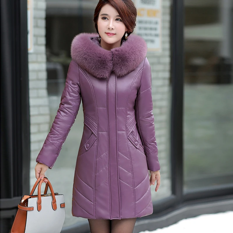 L-8XL Women Leather Coat Winter 2024 New Mother Jacket Thicken Warm Fur Collar Hooded Sheepskin Overcoat Loose Outerwear Female