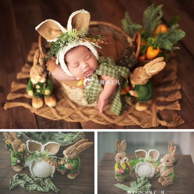 Newborn Photography Accessories Country Style Forest Straw Bunny Hat Set Easter Rabbit Prop Fotografie Baby Photo Props Girl Boy