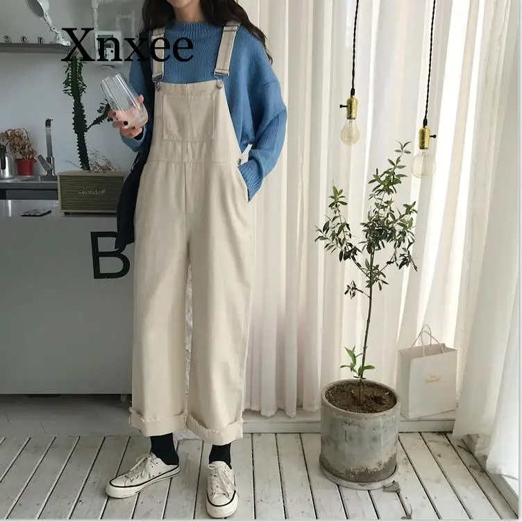 

beige black pants long girls hot sell loose jumpsuit jeans with large pocket apricot denim overalls for women loose student