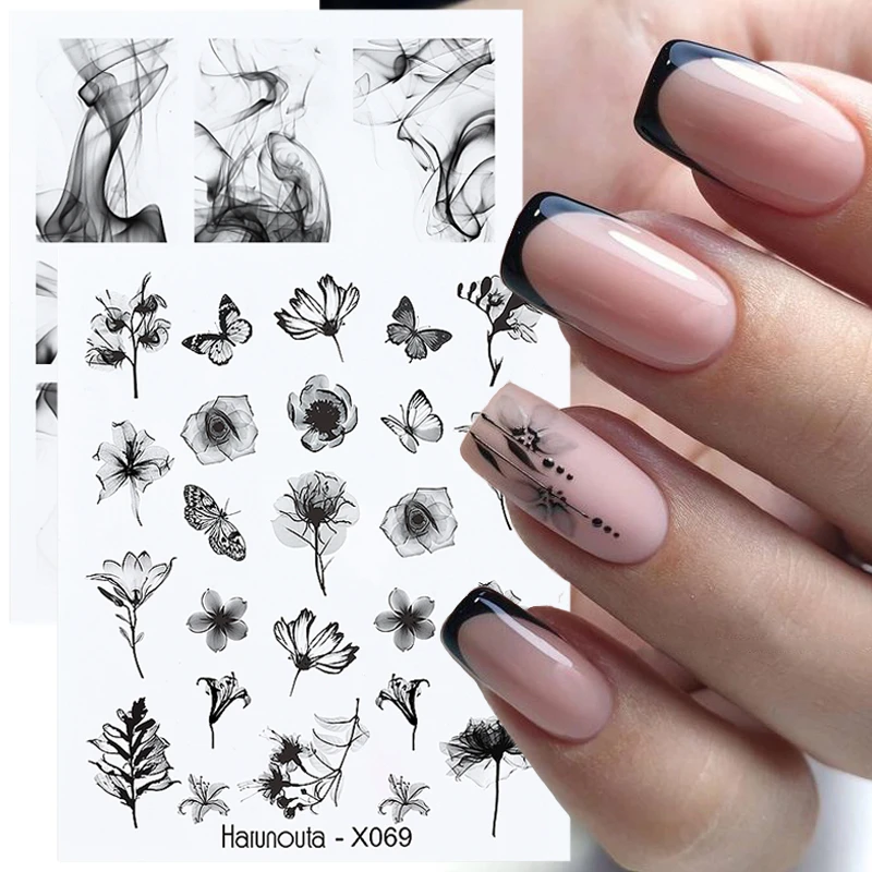 Harunouta Winter Simple Ink Blooming Theme Water Decal Sticker Black Flower Leaf DIY Slider For Manicuring Nail Art Watermark