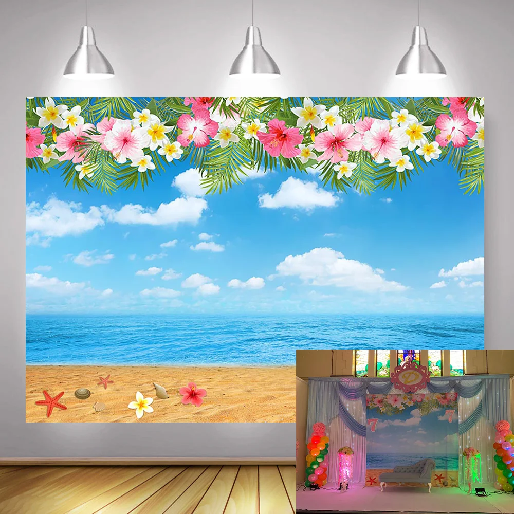 

Summer Beach Photography Backdrop Hawaiian Aloha Theme Birthday Photo Background Blue Sky White Clouds Flowers Photocall