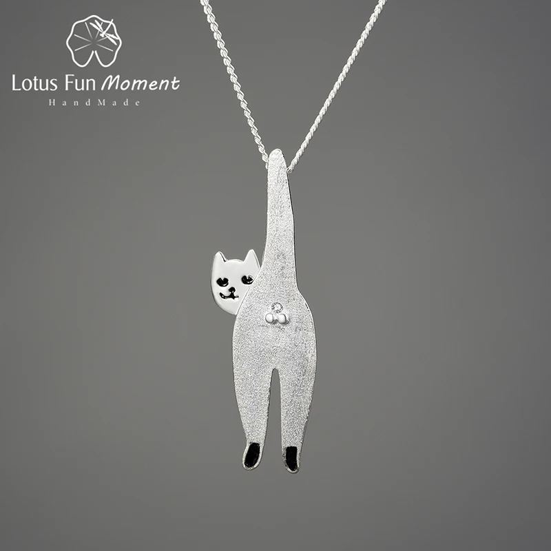 Lotus Fun Moment 18K Gold Long Naughty Kitten Cat Pendant 925 Sterling Silver Chains and Necklaces for Women Fashion Jewelry