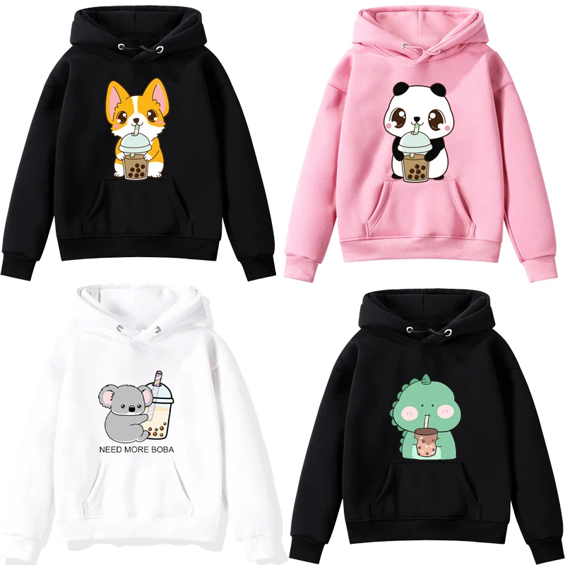 

Children Kawaii Animals Boba Tea Hoodies Kids Cartoon Panda Corgi Sweatshirt Toddler Tops Boys Girls Teens Pullover Sudadera