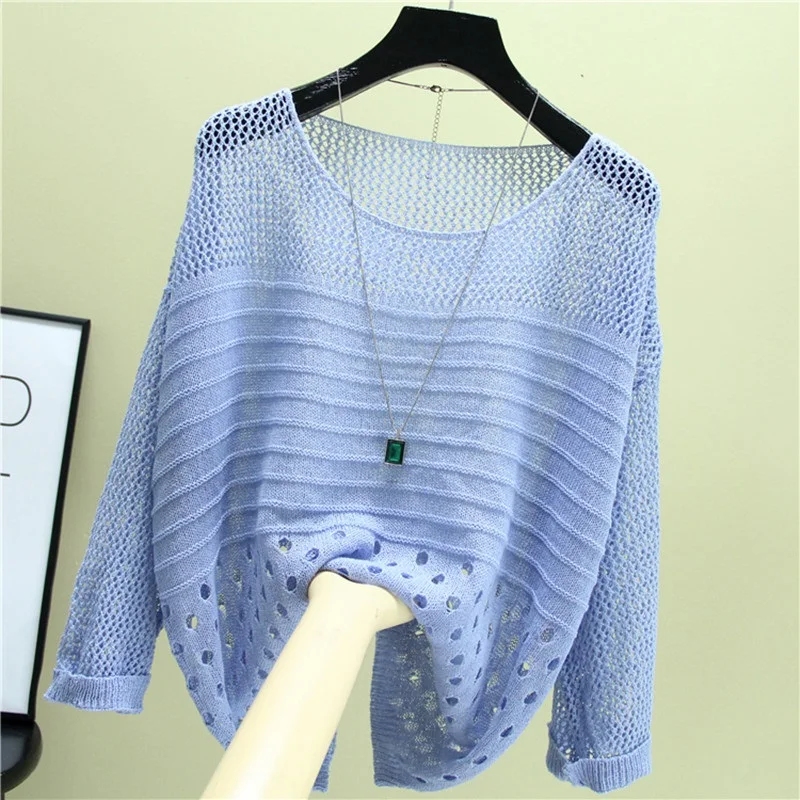 2023 Leisure White Hollow Out Mesh Top Women Thin Knitted Pullover Loose Summer Air Conditioning knitwear Pull Femme Tide H1451