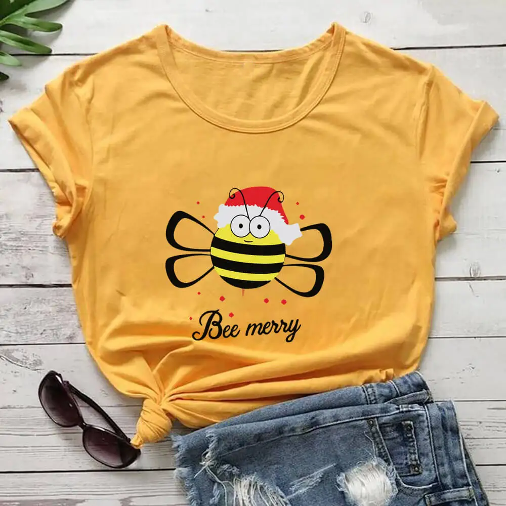 

Bee Merry 100%Cotton Colored Print Women's Christmas T Shirt Winter Funny Casual O-Neck Short Sleeve Top Bees Shirt New Year Tee