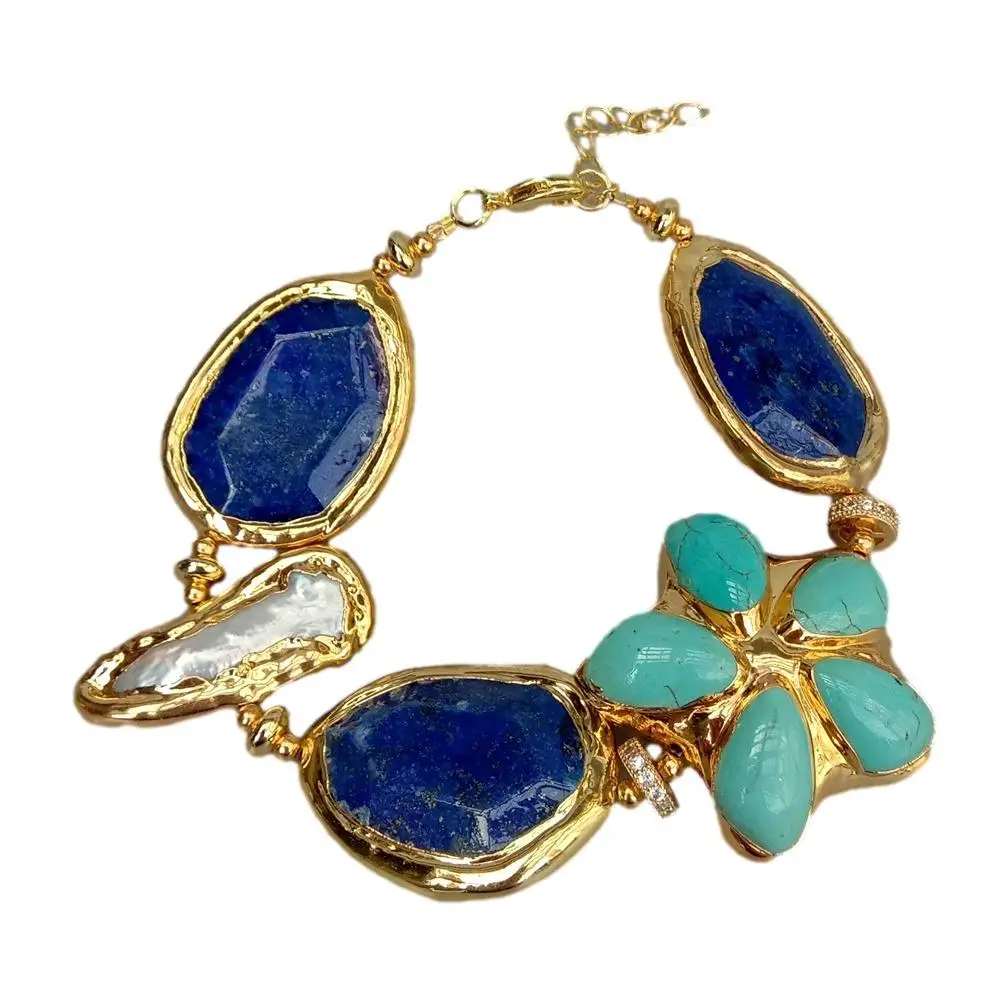 

Y·YING Blue Lapis Lazuli Turquoise Flower White Biwa Pearl With Electroplated Edge Bracelet
