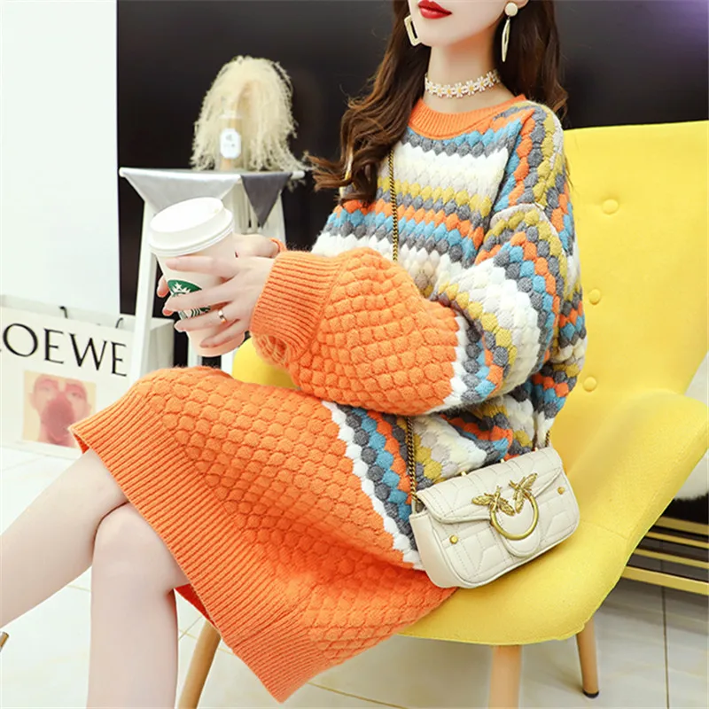 2024 Winter Thick Casual Loose Long Knitted Sweater Dress Women O-neck Lantern sleeve 3 Color Choose Striped Sweaters Female