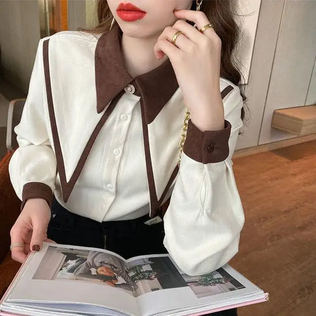 Blouse Women Shirt Spring Autumn Women\'s Red 2021 Spring Loose Large Pointed Collar Top Blusas Mujer De Moda