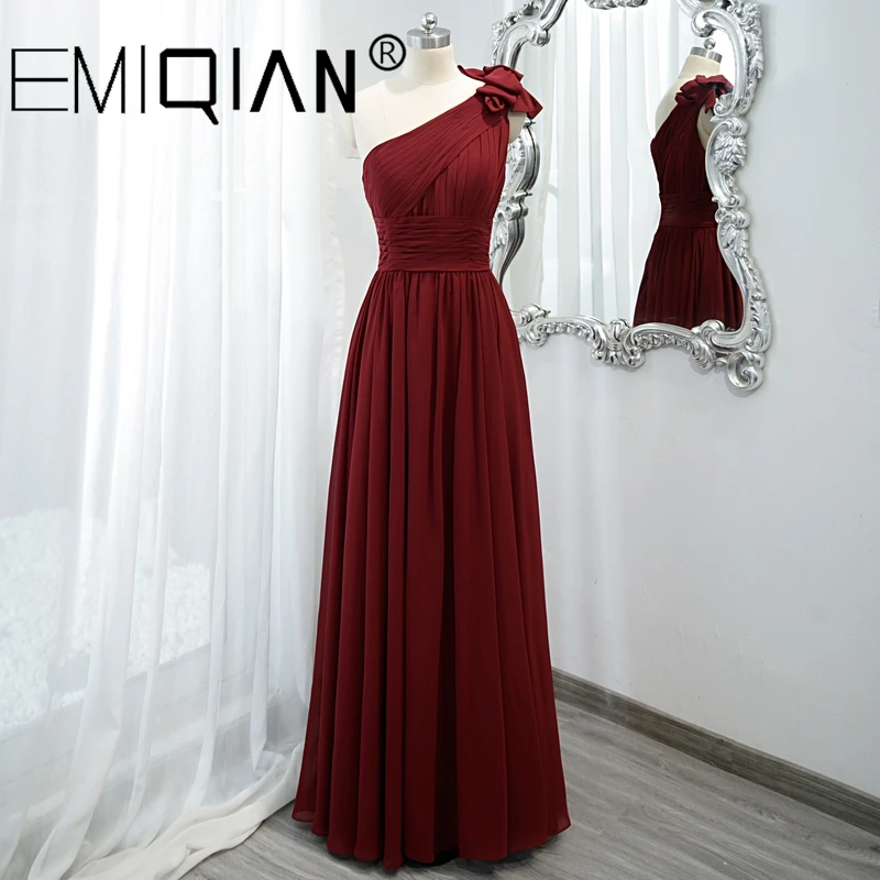 

A Line One Shoulder Burgundy Chiffon Prom Dress