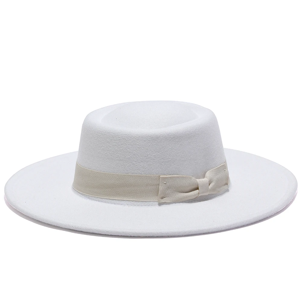 2021 winter fedora hats for women fashion Flat wide Brim Wool Felt Jazz Fedora Hats for men goth Flat top bow cap