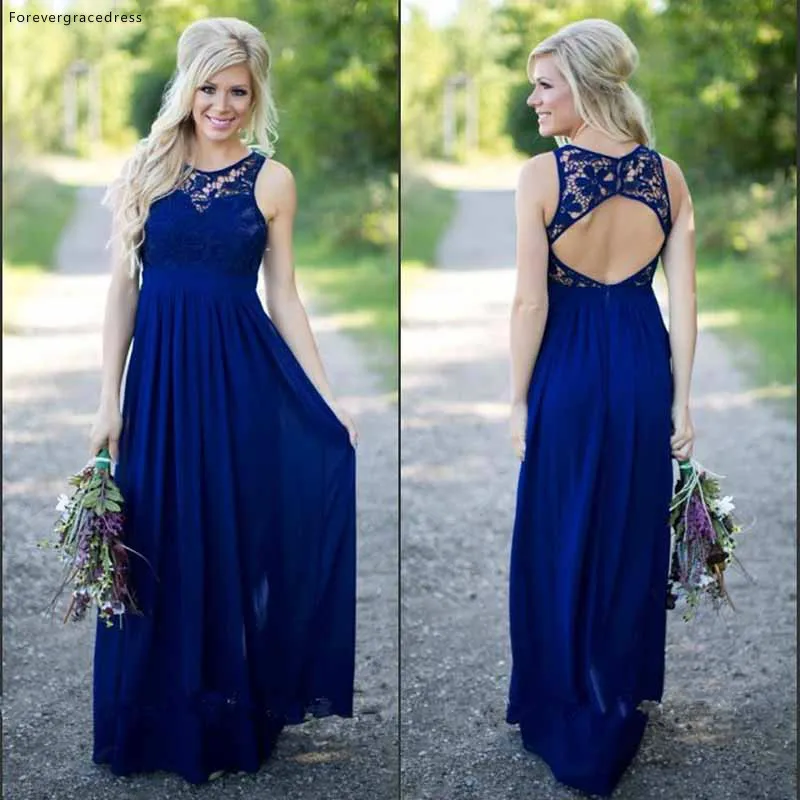 

Elegant Open Back Bridesmaid Dress Navy Blue A Line Lace Chiffon Women Wear Maid of Honor Dress For Wedding Party Gown