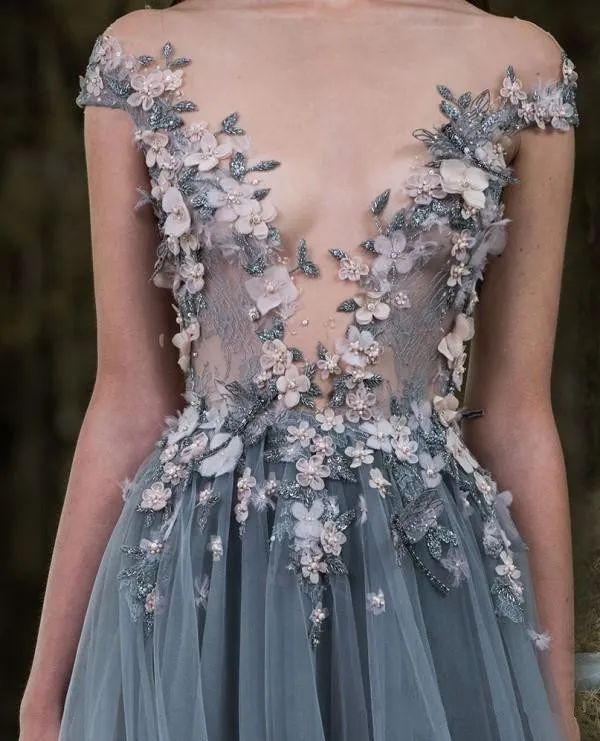 2020 Prom Jurken 3D-Floral Applicaties Korte Mouw Kanten Jurk Avondkleding Sheer Hals Bloem Vintage Lange Formele Partij Jassen