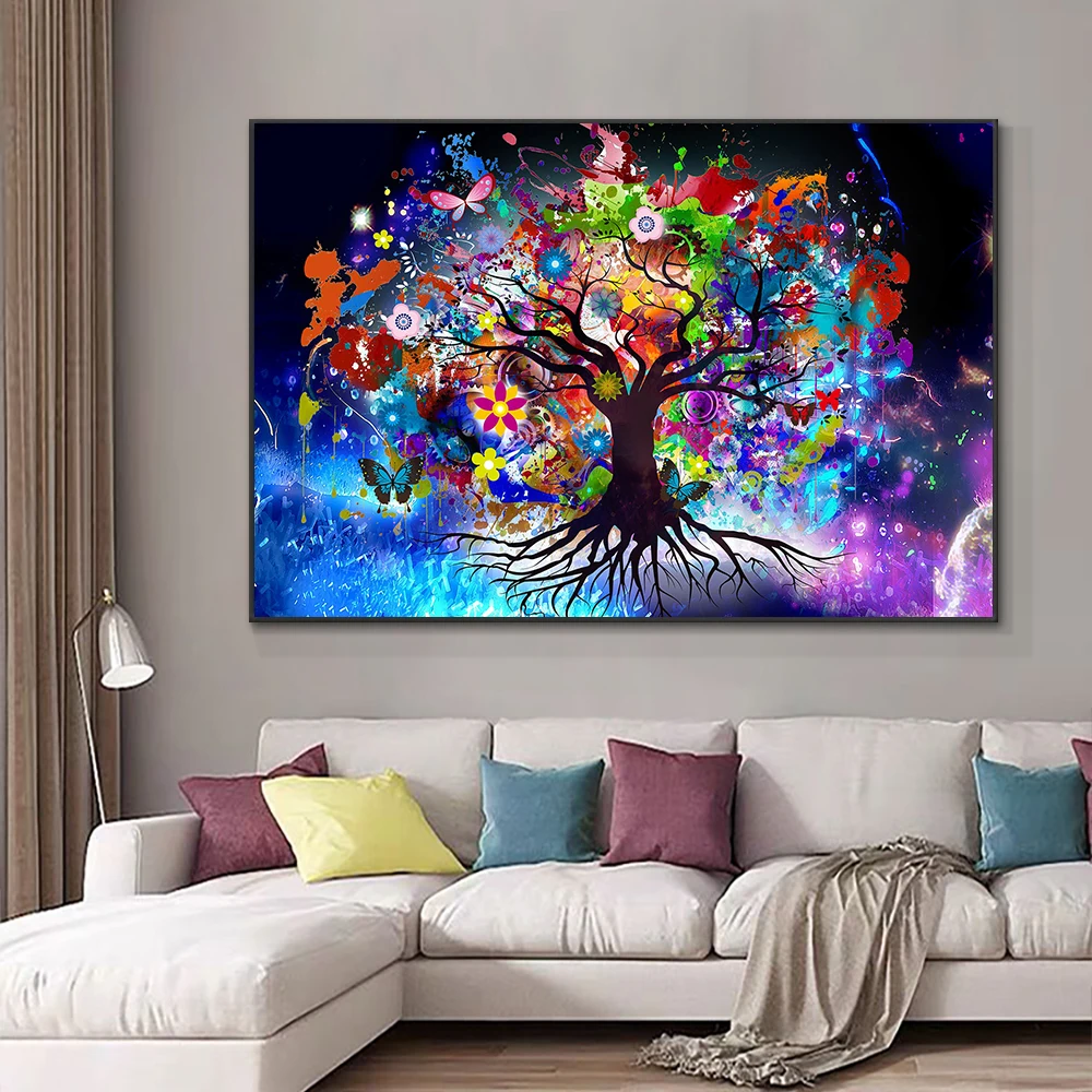 

Vintage Large World Tree Wall Art Canvas Interior Paintings Aesthetic Nordic Artwork Colourful Poster Pictures Prints Home Decor