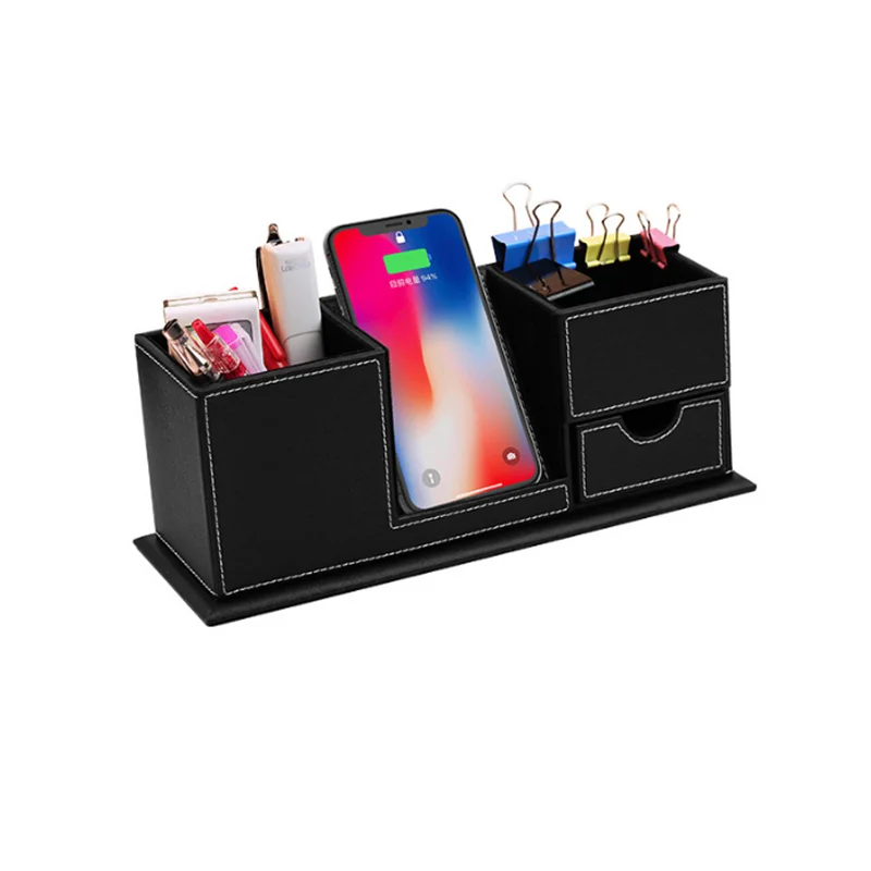 Desk Pen Pad Storage Holder Wireless Charger Office Stand Organizer Wireless Charging Station for iPhone 11 Pro X XS Samsung S7