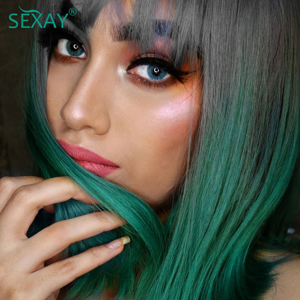 Sexay Wig Bob Pendek Hijau dengan Ketebalan 180 8-16 Inci Wig Rambut Manusia Lurus Tulang Indian Mentah dengan Wig Bang Ombre 1B Poni