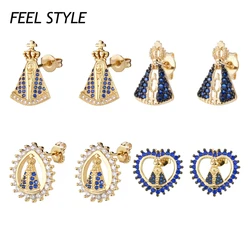 Micro Paved CZ Virgin Mary Stud Earrings Catholic Our Lady of Aparecida Earings For Women Ear Brincos Gift